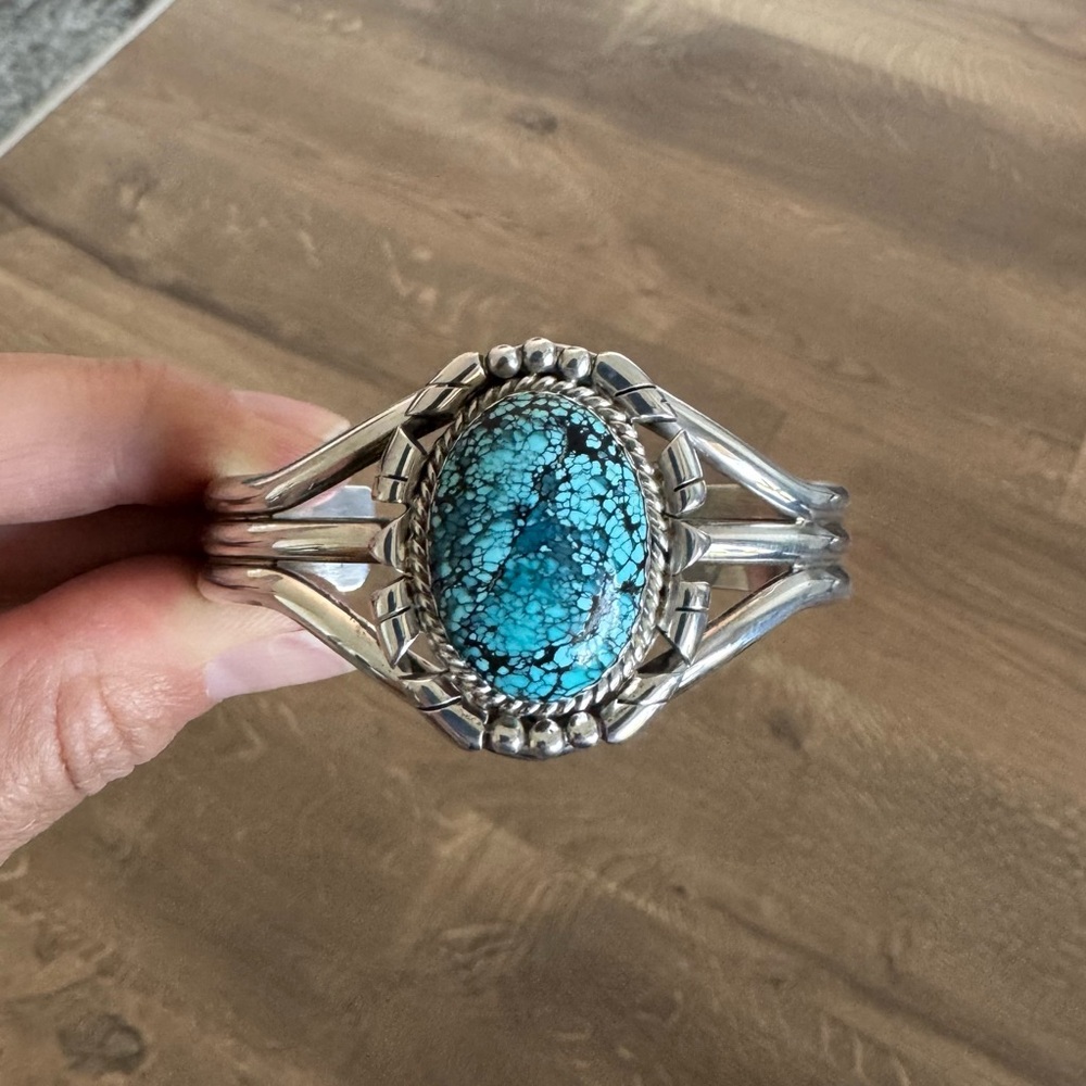 Native American Genuine Turquoise and Sterling Silver Cuff - Picture 2 of 8
